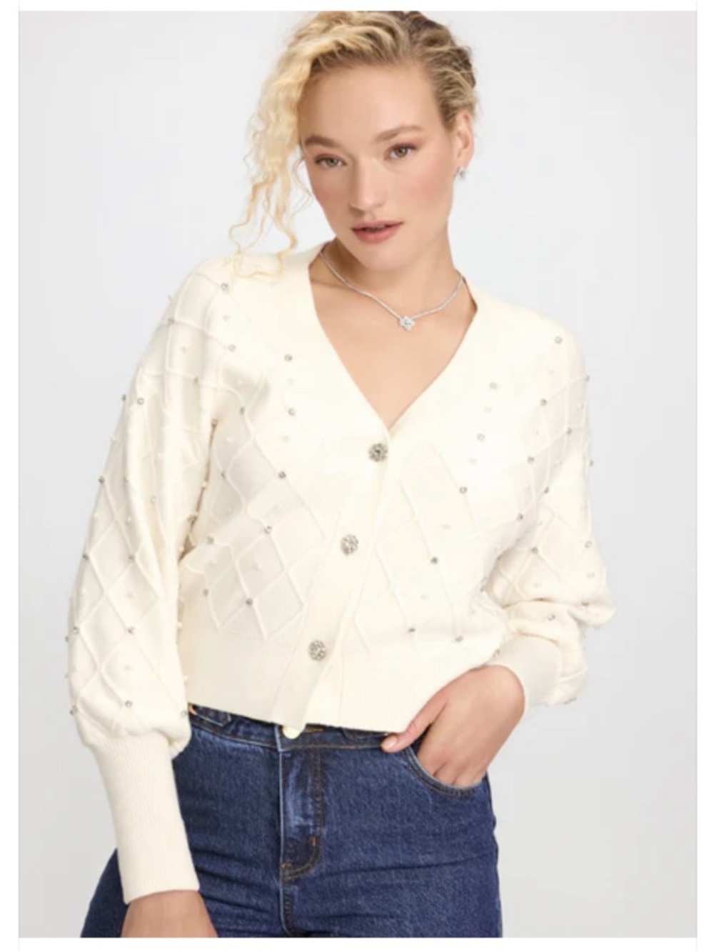 Broadway 38 Ivory Pearl Beaded V‑Neck Button-up Knit Cardigan Sweater